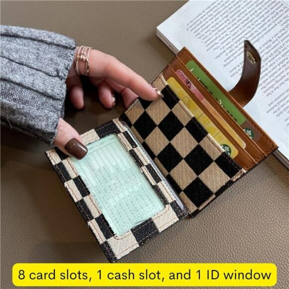 Slim Checkered Wallet for Women Canvas Card Holder with ID Window and Cash Slot - Picture 5 of 7